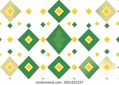 A clean flat vector background featuring an intricate, repeating pattern of layered diamond shapes in dark green, light khaki, and warm yellow. The balanced geometric layout uses varied diamond sizes and embedded squares to create a sophisticated, high-contrast mosaic texture over a solid white backdrop.