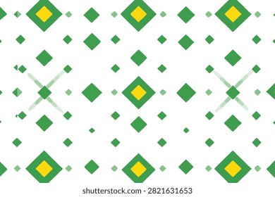A clean flat vector background featuring a repeating grid pattern of geometric diamond shapes in medium green and vibrant yellow over a solid white backdrop. The layout mixes large, nested rhombuses with smaller solid green squares and features unique, subtle translucent diagonal lines that intersect to form cross or star elements.