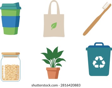 A clean flat vector collection of eco-friendly sustainable lifestyle items, featuring a reusable coffee mug, cloth tote bag, wooden bamboo toothbrush, glass food jar, potted houseplant, and recycling bin. Ideal for eco-conscious blogs, sustainable product packaging, zero waste guides, and environmental awareness campaigns.