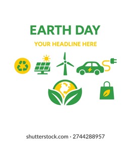 A clean flat vector Earth Day eco icon set featuring a recycle symbol, solar panel, sun icon, wind turbine, electric car, eco bag, and Earth with leaves badge. Ideal for Earth Day campaigns, sustainability projects, environmental awareness graphics, green energy presentations, climate change education, eco-friendly branding, infographics, and social media content promoting eco lifestyle.