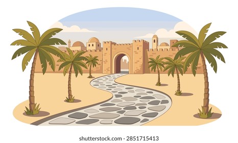 A clean flat vector graphic depicting a historical Middle Eastern or Mediterranean town. The scene features a winding stone walkway leading to a fortified city gate. Tall palm trees line the path in front of high stone walls with crenelations. In the background, various buildings with domes and towers are visible under a soft blue sky.