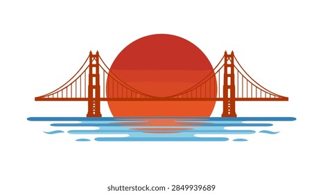 A clean, flat vector graphic featuring a classic suspension bridge in silhouette. A large orange and red gradient sun rises or sets directly behind the bridge towers, casting a reflection on the stylized blue water below. The design is isolated on a plain white background, perfect for travel concepts, California themes, and minimalist posters.