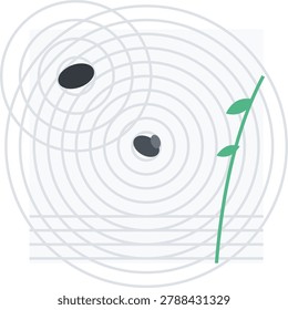 A clean flat vector graphic representing a Japanese dry landscape garden with two smooth black river rocks. Concentric grey circles simulate raked sand patterns around the stones, while a simple green bamboo shoot adds a natural element. This minimalist design evokes calm feelings of peace, mindfulness, meditation, and spiritual balance.