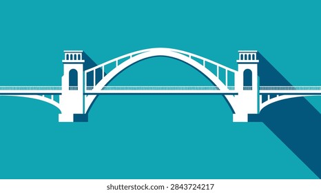 A clean, flat vector graphic of a white symmetrical bridge spanning across blue water. The bridge features two neoclassical towers on either side of a large central arch. The background is a solid teal color, and the scene includes long, stylized diagonal shadows casting towards the right. The water surface shows a subtle reflection of the bridge structure.