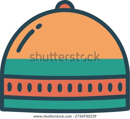 A clean, flat vector icon of a cloche or serving dome, often used for presenting food. Modern and minimalist design in orange and teal.