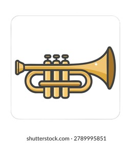 A clean flat vector icon of a golden brass trumpet musical instrument isolated on a white background.
