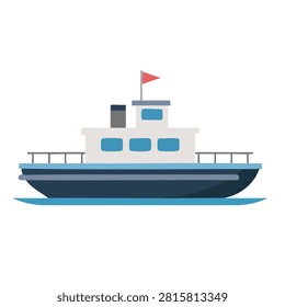 A clean flat vector icon of a passenger ferry ship with a small red flag, dark blue hull, and white cabin on a light blue water surface