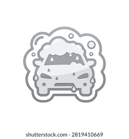 A clean flat vector icon representing a car wash service with foam bubbles and water droplets on a vehicle front view.