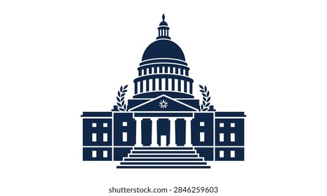 A clean flat vector icon representing the US Capitol building featuring a central dome columns and stairs in a solid dark blue color isolated on a white background