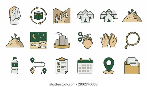 Clean flat vector icon set of Hajj and Umrah ritual guide steps, including ihram, tawaf, Safa Marwa route, Mina tents, Arafat, Muzdalifah, Jamarat, haircut, prayer hands, prayer beads, water bottle, checklist, calendar, map pin, and document folder isolated on white background