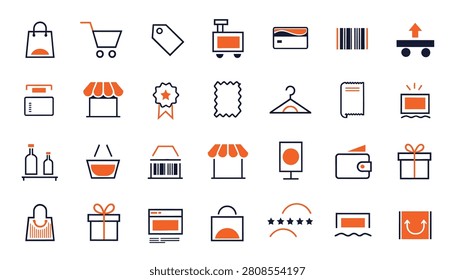 Clean flat vector icon set representing shopping, retail store, commerce, and buying concepts. Isolated UI elements.