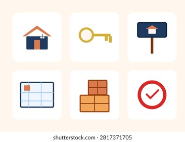 Clean flat vector icon set for real estate and property branding: house, key, for sale sign, blueprint, moving boxes, and sold stamp. Perfect for real estate agency websites, property listing platforms, moving company branding, and home buying or selling marketing materials.