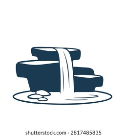A clean flat vector icon showing a stylized tiered waterfall cascading over dark blue rocks into a small pool with pebbles.