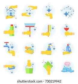 Clean flat vector icons set. Collection of cleaning tools in hand. Housework supplies packaging, colorful domestic clean hygiene kitchenware concept illustration. Objects isolated on white background.