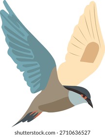 Uma ilustração vetorial plana limpa de um pássaro voando com asas totalmente espalhadas, criada usando formas de cores sólidas e detalhes mínimos, isolada em um plano de fundo branco sem quaisquer gradientes ou sombras.