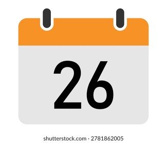 Clean flat vector illustration of calendar page showing day twenty six with orange top bar and black digits