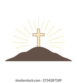 A clean flat vector illustration of a Christian cross standing on a hill with sunrise rays behind it, symbolizing resurrection, hope, salvation, and spiritual renewal. Ideal for Easter themes, worship materials, church graphics, Bible teaching visuals, inspirational artwork, and religious design projects. Modern minimalist style suitable for print and digital use.