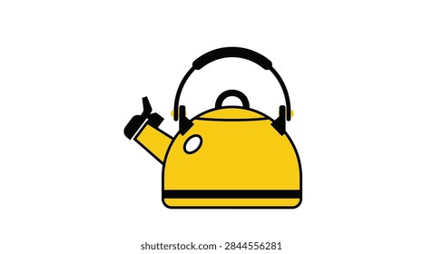 A clean, flat vector illustration of a classic whistling tea kettle. The design features a vibrant yellow body with bold black outlines and handle details, presented as an isolated element suitable for kitchen-themed projects, culinary icons, or home appliance graphics.