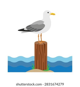 Clean flat vector illustration of a coastal seagull perched on a wooden piling post above ocean water waves isolated on white background.