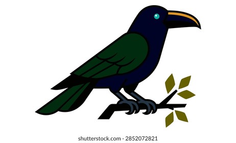 A clean, flat vector illustration of a dark-colored bird, possibly a toucan or hornbill, perched on a simple tree branch with green leaves. The bird features a large, curved beak with an orange stripe, a bright cyan eye, and deep green and blue plumage. The design uses bold outlines and a minimalist aesthetic against a plain white background.