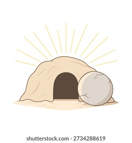A clean flat vector illustration of the empty tomb with the stone rolled away and sunrise rays shining behind it, symbolizing the resurrection of Jesus Christ. Ideal for Easter themes, Holy Week materials, church graphics, Bible teaching visuals, worship resources, and inspirational Christian artwork. Suitable for print and digital projects.