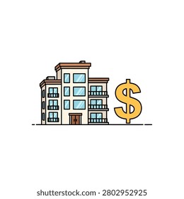A clean, flat vector illustration featuring a modern multi-story apartment building next to a large yellow dollar sign. The building has multiple windows and balconies, representing residential or commercial real estate. The dollar sign symbolizes financial concepts such as property value, mortgage costs, rental income, or real estate investment. Set against a plain white background, this graphic is ideal for business and financial themes related to the housing market.