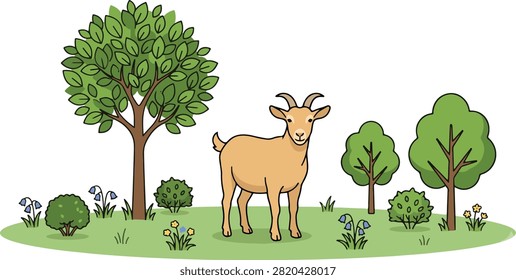 A clean, flat vector illustration featuring a light brown goat standing and looking forward in a vibrant green meadow. The peaceful natural scene includes leafy green trees, small round bushes, and tiny blue and yellow wildflowers scattered in the grass. Designed with crisp black outlines and soft, solid color fills on a plain white background, this versatile graphic is perfect for children's educational materials, farm animal illustrations, nature-themed designs, and eco-friendly branding.