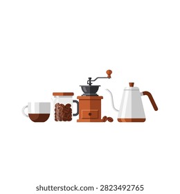 A clean flat vector illustration featuring a collection of manual coffee brewing equipment. The set includes a white ceramic cup of dark coffee, a glass storage jar filled with roasted coffee beans, a traditional wooden manual coffee grinder with a metal crank, and a modern white gooseneck kettle with a wooden handle. All elements are arranged horizontally on a plain white background, perfect for cafe branding or kitchen-themed designs.