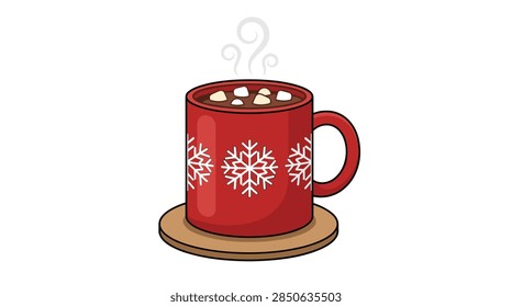 A clean, flat vector illustration featuring a bright red mug decorated with white snowflakes. The mug is filled with dark brown hot cocoa topped with small white marshmallows. Wisps of steam rise from the cup, which sits on a circular cork or wooden coaster. The entire graphic is isolated on a plain white background, perfect for winter or holiday-themed designs.