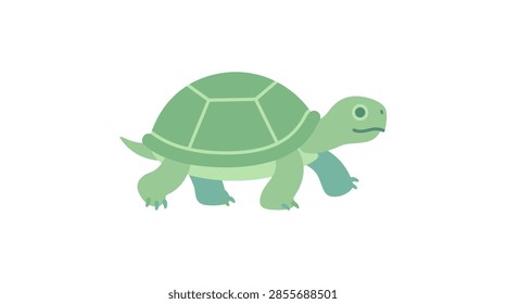 A clean, flat vector illustration of a green turtle or tortoise in profile view. The animal is depicted walking, with a rounded green shell showing polygonal patterns, short legs with claws, and a gentle expression. Set against a solid white background, ideal for educational materials, nature designs, or wildlife icons.