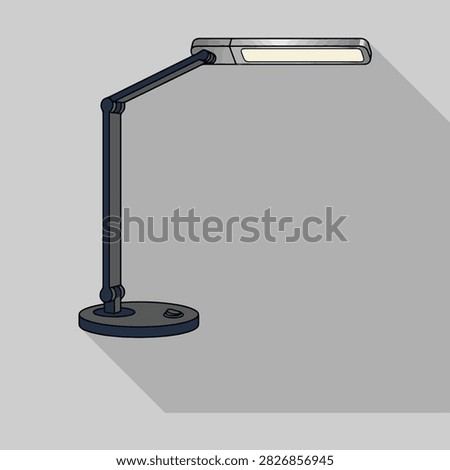 Clean flat vector illustration of a modern adjustable desk lamp with a long articulated arm, rectangular LED light head, circular base, and cast shadow. Minimal office and workspace design suitable for lighting, study, reading, home office, interior design, productivity, and modern furniture concepts.