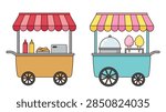 A clean, flat vector illustration showing two different street food vending carts. The left cart is orange with a red and white striped awning, displaying hot dogs and condiment bottles. The right cart is light blue with a yellow and pink striped awning, featuring a cotton candy machine with a glass dome and two fluffy cotton candies on sticks.
