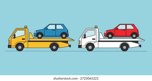 Uma ilustração vetorial plana e limpa que mostra dois caminhões transportando automóveis de passageiros em camas planas para assistência na estrada e recuperação do veículo. Este gráfico apresenta um caminhão amarelo e branco com um carro azul e vermelho em um perfil de visão lateral simples.