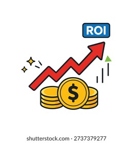 A clean flat vector illustration showing ROI (Return on Investment) growth with a red upward arrow, gold coins, sparkles, and progress elements. Represents financial success, investment return, profit increase, business growth, analytics, and money management. Ideal for websites, dashboards, presentations, marketing materials, startup finance, and business strategy visuals.