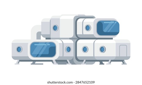 A clean, flat vector illustration showing a stackable modular building system. The structure consists of multiple white and grey rounded rectangular pods connected together. Each pod features small blue circular portholes or larger rounded glass windows. The building is supported by small landing legs at the base. The design suggests advanced technology, suitable for representing a lunar base, Mars colony, or high-tech research station in extreme environments.