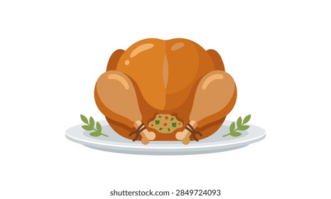 A clean flat vector illustration showing a golden-brown roasted whole turkey or chicken served on a white plate. The bird is prepared with stuffing and garnished with fresh green herbs. The graphic uses a simple, modern design style against a white background, perfect for Thanksgiving or Christmas food-related projects.