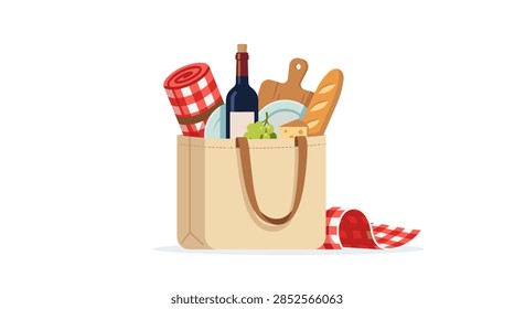A clean, flat vector illustration showing a cream-colored cloth tote bag filled with items for a picnic or grocery shopping. The contents include a wine bottle with a blank label, a French baguette, a wooden serving board, blue plates, a bunch of green grapes, and a wedge of cheese. A red and white checkered gingham picnic blanket is folded inside and draped to the side on a white background.