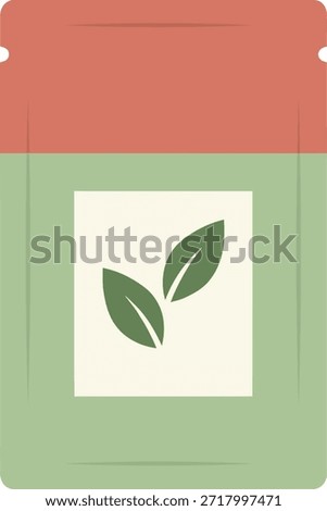 A clean flat vector illustration of a sustainable standing pouch sachet with a leaf logo label. Perfect for organic product mockups, tea packaging, and wellness brand identity.
