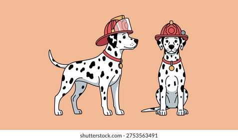 Clean flat vector illustration of two dalmatians wearing red fireman helmets. Ideal for fire safety campaigns, children's books, school projects, or pet rescue branding.