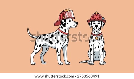 Clean flat vector illustration of two dalmatians wearing red fireman helmets. Ideal for fire safety campaigns, children's books, school projects, or pet rescue branding.