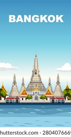 A clean flat vector illustration of Wat Arun temple complex against a blue sky