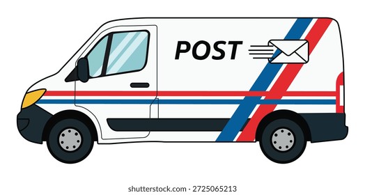 Uma ilustração vetorial plana limpa de uma van de entrega branca com a marca "POST" e listras vermelhas e azuis decorativas. Este gráfico de veículo comercial é ideal para representar serviços de correio, transporte e logística.