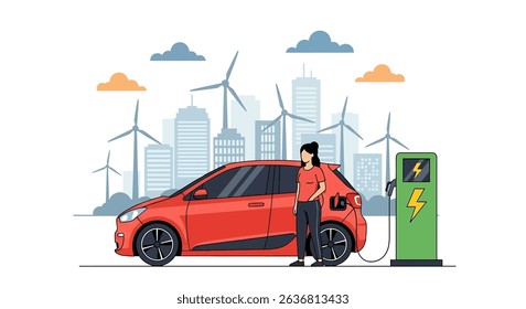 Clean flat vector illustration of a woman with her electric car charging at a solar-powered station in a green city landscape. Emphasizes eco-friendly transportation and sustainable urban living