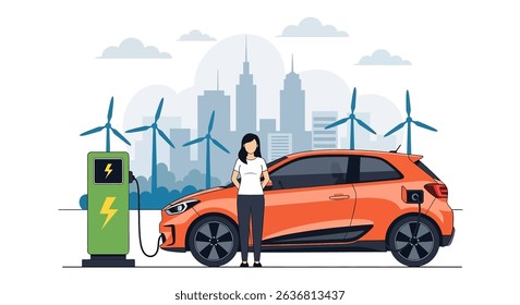 Clean flat vector illustration of a woman with her electric car charging at a solar-powered station in a green city landscape. Emphasizes eco-friendly transportation and sustainable urban living