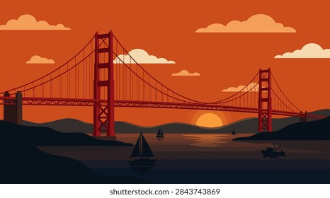 A clean, flat vector landscape depicting a red suspension bridge over water during a bright sunset. The scene includes silhouetted hills, several sailboats, a fishing boat, and stylized clouds under an orange sky with a glowing yellow sun.