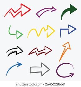 A clean flat vector set of arrows and pointers, ideal for directions, navigation, and infographic design. Includes simple arrow icons, cursor pointers, and direction symbols.
