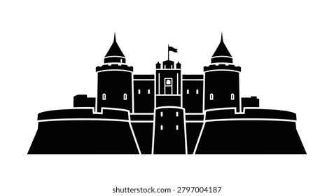A clean flat vector silhouette of a historic stone castle with two towers and a central gatehouse on a white background