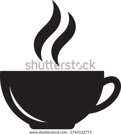 Clean, flat vector silhouette of a steaming tea cup, representing hot beverages and warmth, with elegant steam waves.