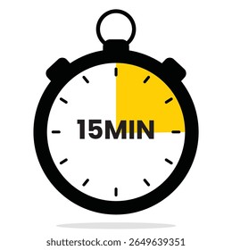 Clean flat vector stopwatch with 15‑minute countdown display. Great for study timers, kitchen use, app design, and productivity visuals.