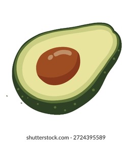 Eine saubere, flache Vektorgrafik einer reifen Avocado, die in zwei Hälften geschnitten ist und die große braune Grube und das cremige grüne Fleisch zeigt, einzeln auf weißem Hintergrund.